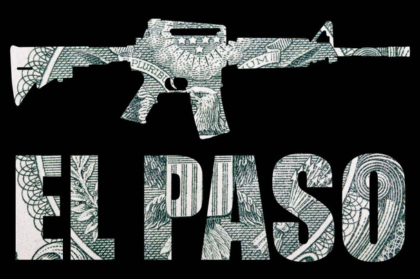 El Paso fraza z pistoletu, pieniądze na czarnym tle. - Zdjęcie, obraz