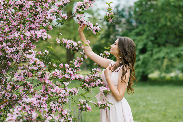 A beautiful young pretty girl with long hair loose stands near the blooming spring Bush of weigela with pink flowers. She touches a branch with her hand. Happy time of year - Photo, Image