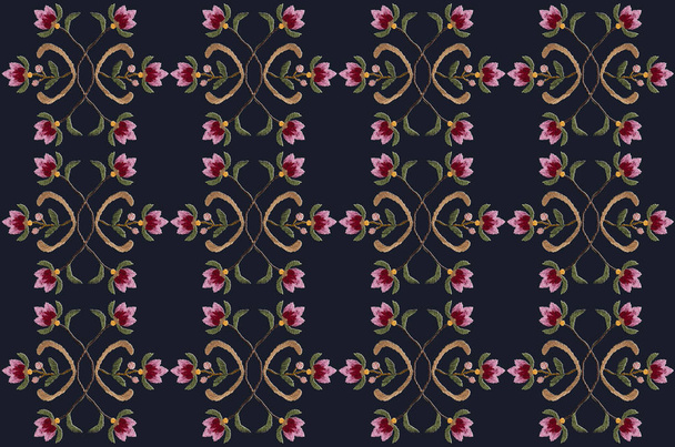  Design dark blue seamless background of embroidery patterns from stylized red pink cornflowers with wavy branches and leaves  - Фото, зображення