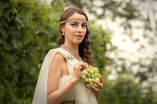 Young woman in tunic harvesting grapes - Valokuva, kuva