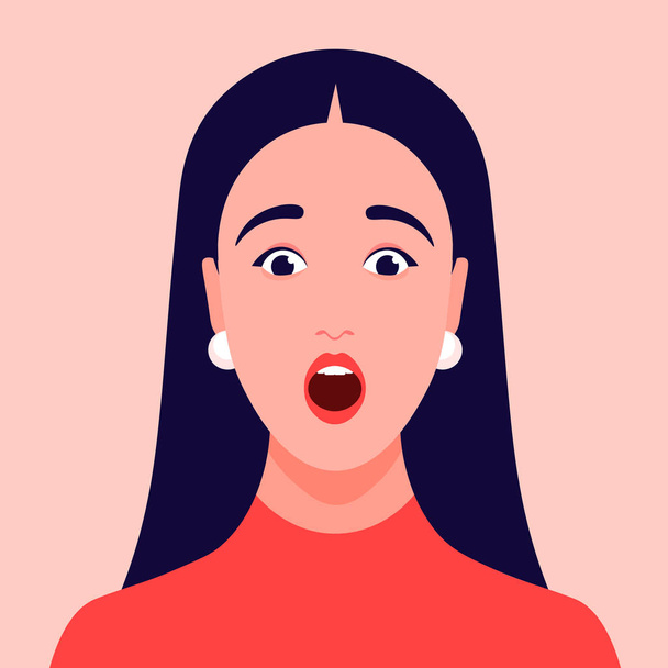 Surprised face. Portrait of a girl. Amazement. Avatar of a young woman. Vector flat Illustration - Vector, Image