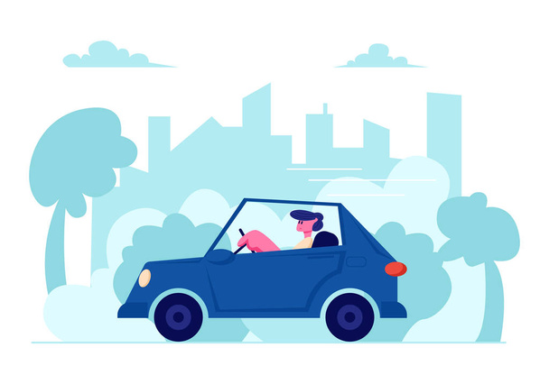 都市交通、交通、ルート、都市景観の背景に男の生活者の運転車、スピードウェイ上の輸送、ブルーセダン自動車市民生活漫画フラットベクトルイラストに乗るキャラクター - ベクター画像