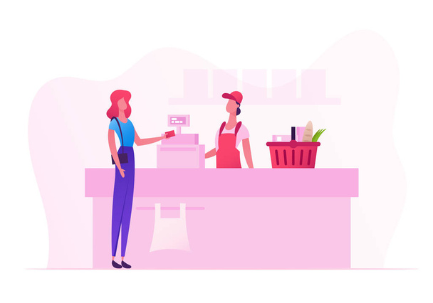 Female Customer Character with Goods in Shopping Basket Stand in Supermarket or Grocery Queue at Cashier Desk with Seller Paying for Purchases. Sale, Consumerism Cartoon Flat Vector Illustration - Vector, Image
