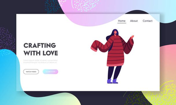 Needlework Hand Made Hobby Website Landing Page. Young Woman Wearing Handcrafted Jumper with Long Sleeves for Cold Winter or Autumn. Hand Made Hobby Web Page Banner. Cartoon Flat Vector Illustration - Vector, Image