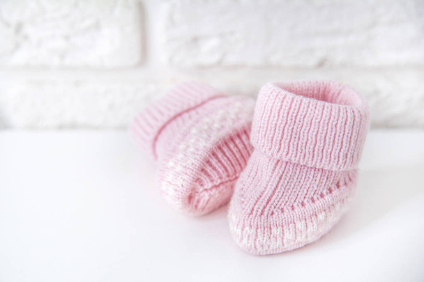 Waiting baby, baby shower. Pink girl newborn shoes - Фото, изображение