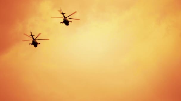 Group of russian combat helicopters, Mi-24 red warm sunset - Materiał filmowy, wideo
