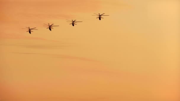 Group of russian combat helicopters MI-8 on red warm sunset - Imágenes, Vídeo