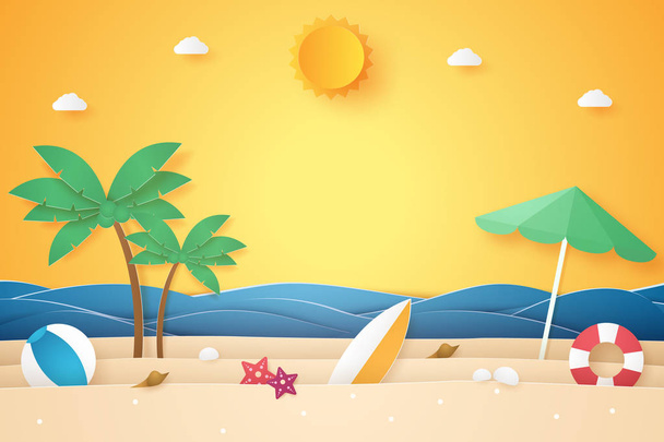 Summer time , sea and beach with coconut tree and stuff , paper art style - Vector, Image