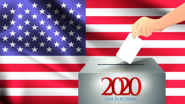 Мужская рука кладет белый лист бумаги с отметкой в качестве символа избирательного бюллетеня на фоне американского флага, США, символа выборов и ярко-голубого фона. Сша 2020
 - Вектор,изображение