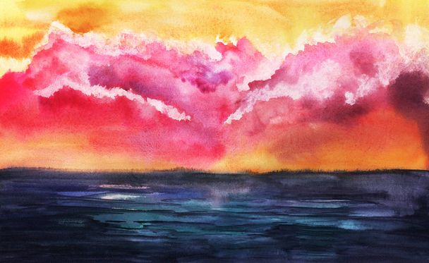 Colorful hand drawn seascape. Fiery aurora sunset soft pink lilac gradient fluffy clouds, golden sky dark smooth water striped surface. Abstract watercolor background illustration paper texture. - Photo, image