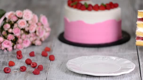 Piece of delicious raspberry cake with fresh raspberries. - Footage, Video