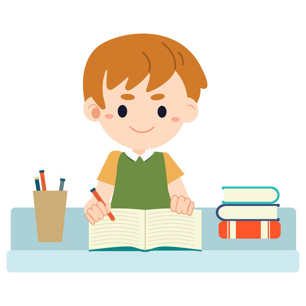 Chlapec sedí u stolu a dělá úkoly. Closeup chlapec píše u stolu. Dítě dělá domácí úkol. učení. roztomilý kreslený kluk dělá domácí úkoly. roztomilý karikatur plochý styl-vektor - Vektor, obrázek