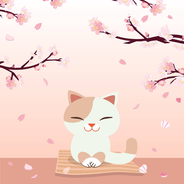 Hanami-Fest. Kirschblütenfest. Festival in Japan. Entspannte Katze. Katze auf dem Boden sitzend mit einem Sakura-Ast Hintergrund. Glückliche Katze lächelnd. Niedlicher flacher Vektor-Stil - Vektor, Bild