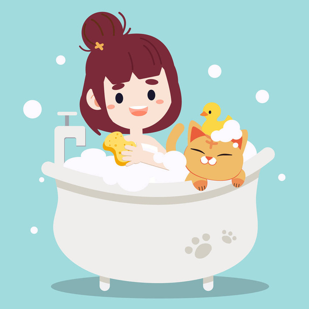 Kobiety biorące kąpiel z kotem. Wanna z bąbelkami piankowymi wewnątrz - Wektor, obraz