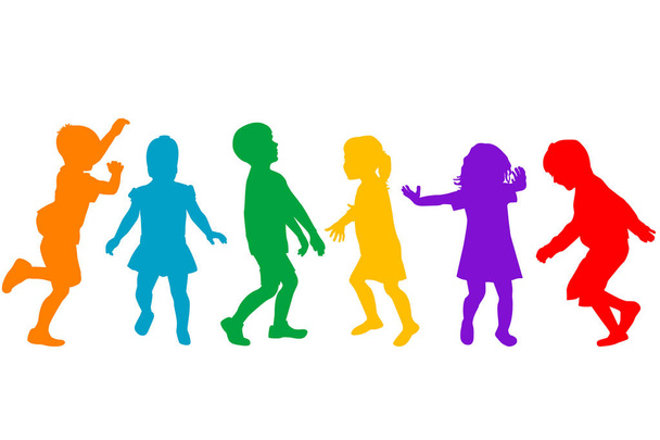 Colored kids silhouettes playing on white background - Vector, Image