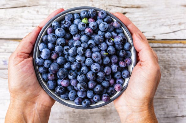 Freshly picked ripe blueberries in a bowl in hands. - Photo, Image