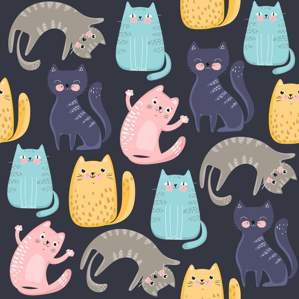 Bezproblemowy wzór z uroczych kolorowych kotów. Świetnie nadaje się do tkanin, tkanin, papieru do pakowania, tapet i innych. Ilustracja wektorowa Eps10 - Wektor, obraz