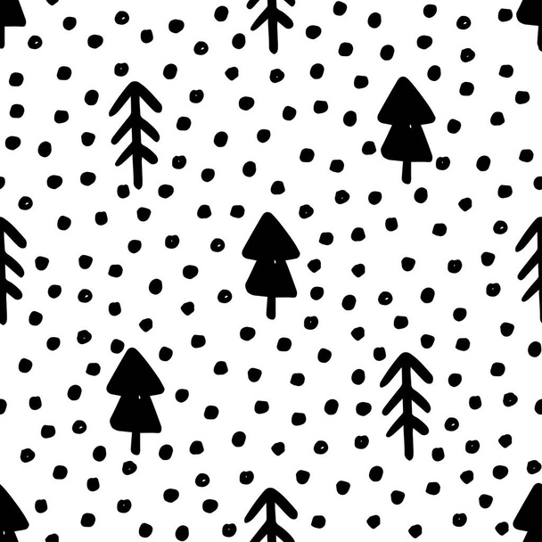 Hand draw Christmas Tree Seamless Pattern in black and white colors. Monochrome Vector Simple Scandinavian Background. - Vector, Image