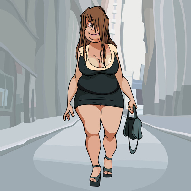 karikatúra vicces kövér nő sétál a város utcában - Vektor, kép
