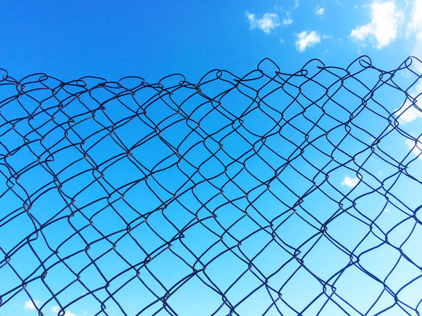 Metal mesh fence, behind her a bright blue sky. Close-up. - Photo, Image