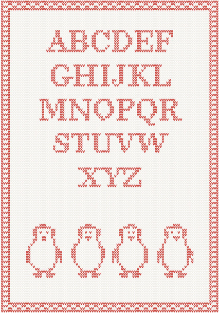 Red knitted alphabet with penguin - Vektör, Görsel