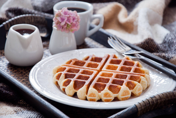 Belgian Waffles and coffee for breakfast in bed  - Foto, imagen