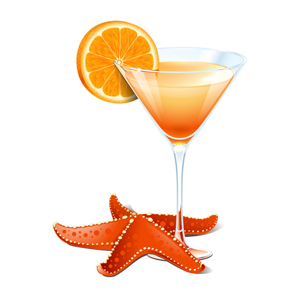Помаранчевий коктейль у склянці і морська зірка ізольовані на білому тлі. Копія растрового векторного файла
 - Вектор, зображення