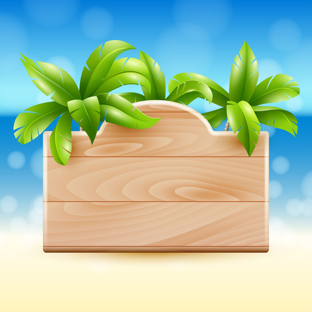 Illustration eines tropischen Strandes mit einem Holzschild und Kokospalmen - Vektor, Bild