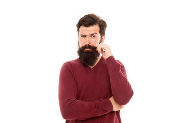 Man with long beard and mustache isolated white background. Hair care. Barbershop concept. Beard hairs grow at different rates. To grow awesome beard, simply put away your razor and trimmer and wait - Zdjęcie, obraz