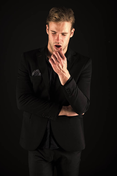 Confident in his style. Man in dark clothes. Casually handsome. Man handsome well groomed macho on black background. Feeling confident. Male beauty and masculinity. Guy attractive confident model - Фото, зображення
