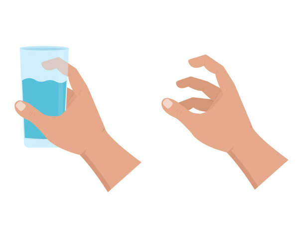 Ręka trzyma szklankę z ikoną wody na białym tle. Ilustracja wektorowa w stylu płaskim. - Wektor, obraz