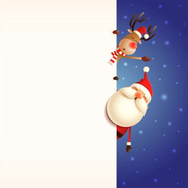 Modelo de cartão de Natal com Papai Noel e renas espreitando atrás da placa no fundo azul nevado
 - Vetor, Imagem