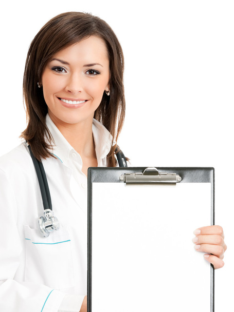 Doctor showing clipboard with copyspace, on white - Fotoğraf, Görsel