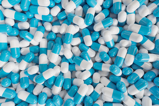 Muchas píldoras azules y blancas en el fondo. Ilustración 3D
 - Foto, Imagen