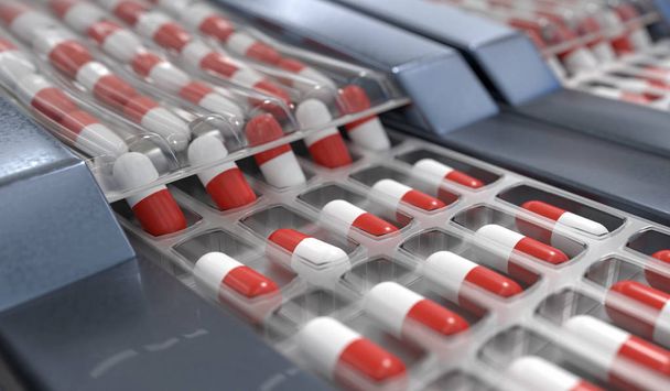 Capsules rouges et blanches dans la chaîne de production pharmaceutique. 3D ren
 - Photo, image