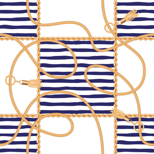 Chains, tassels and ropes marine seamless pattern for summer fabric design. Vacation seaside holidays theme. - Wektor, obraz