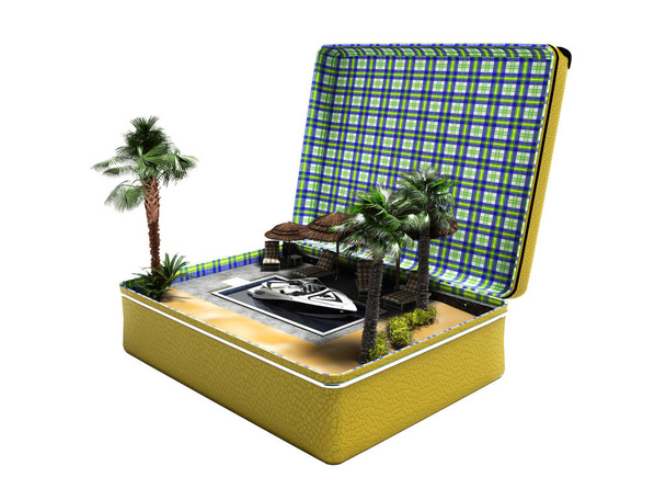 Concepto vacaciones de verano en cuero amarillo maleta piscina barco bea
 - Foto, Imagen