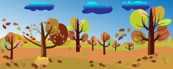 Panoramatická krajina na podzim, vektorová ilustrace horizontálního proužku podzimní krajiny beatifull příroda s červenými, oranžovými a žlutými listy spadly z pastelových podzimní zeleně - Vektor, obrázek