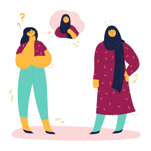 Η γυναίκα σκέφτεται αν πρέπει να φορέσει μια μαντίλα - Διάνυσμα, εικόνα