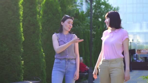 dwie młode piękne kobiety chodzą w parku i komunikują się w języku migowym - Materiał filmowy, wideo