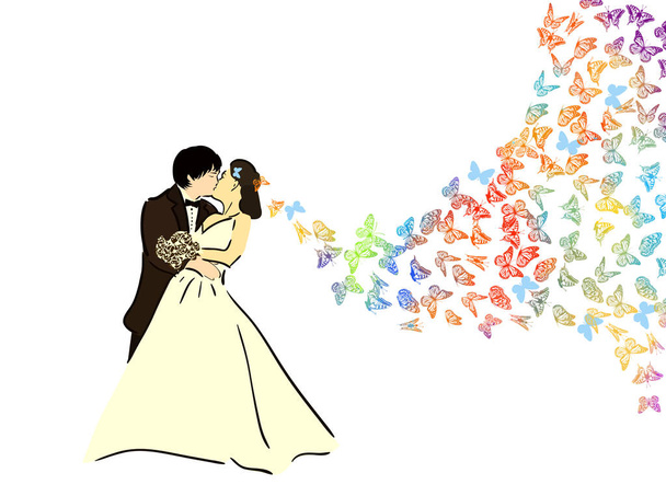 Bruid en bruidegom silhouet. Veel vliegende vlinders. Vectorillustratie - Vector, afbeelding