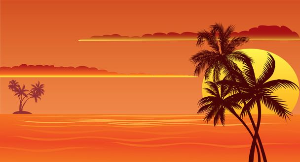 Tropical sunset beach with palms - Vector, Image
