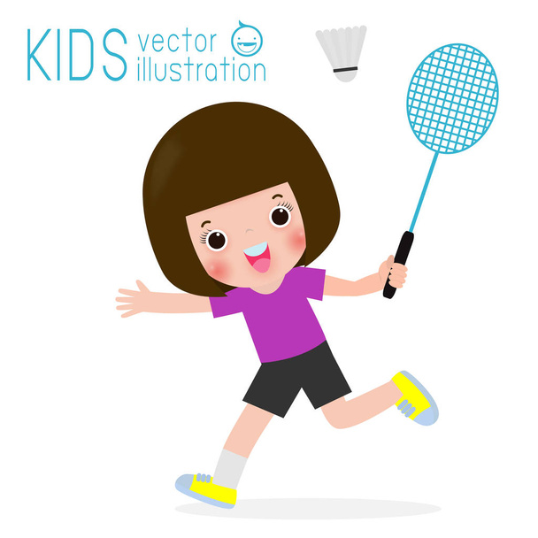 Çocuklar badminton beyaz arka plan, çocuk ve spor Vektör İllüstrasyon izole playing - Vektör, Görsel