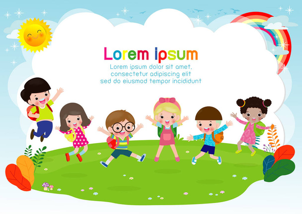 Group of children jumping, back to school, kids school, education concept, Kids go to school, Template for advertising brochure, your text,Kids and frame,child and frame,Vector Illustration - Vector, Image