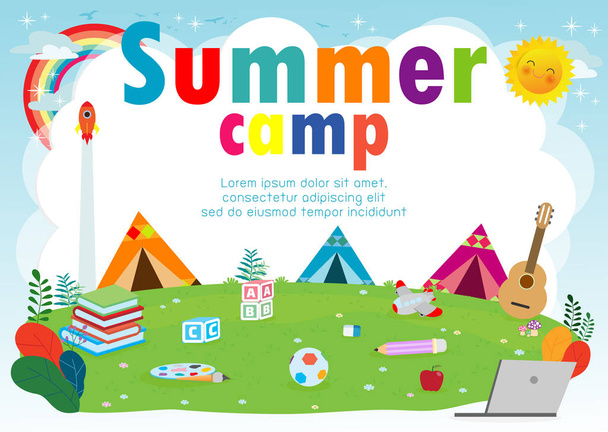 dětský letní kemp šablona pro reklamní prospekt, děti na kempování, letní tábor dětské plakáty leták šablona, text, vektorová ilustrace - Vektor, obrázek