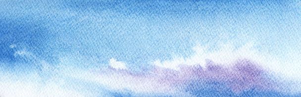 Abstract watercolor background on texture paper. Gentle blue and purple clouds. Bright sky during the day. Hand-drawn watercolor illustration. - Photo, Image