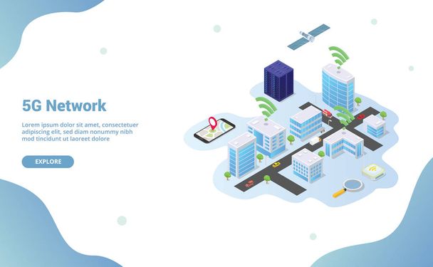 5g network on smart city building technology with wifi signal with isometric modern style for website template or landing homepage - vector - Vector, Image