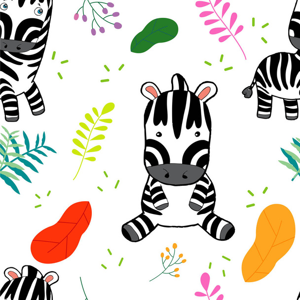 nahtloses Muster mit niedlichen Zebras-Elementen auf gestreiftem Hintergrund Cartoon für Kinder Packpapier, kreative Kinder Stil Textur für Stoff, Kleidung und Tapete Vektor Illustration - Vektor, Bild
