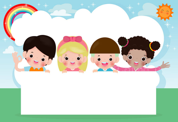 niños espiando detrás de pancarta, niños felices, niños pequeños lindos sobre fondo blanco, ilustración vectorial
 - Vector, Imagen