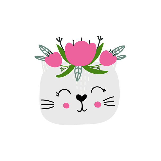 Nursery  print with cute cat and floral wreath. Hand drawn vector illustration for poster, card, label, banner, flyer, baby wear, kids room decoration. Scandinavian style. - ベクター画像